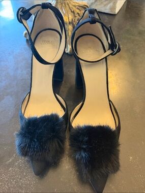 FRANCES VALENTINE Black Fur-Trim Ankle Strap Heels - Women's Dress Pumps